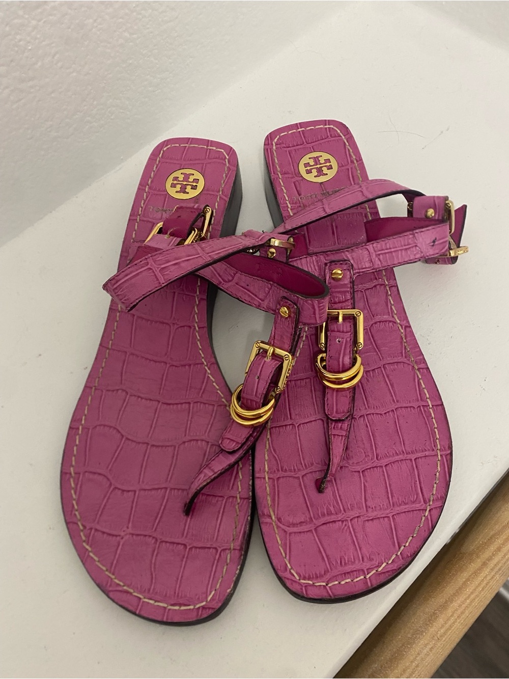 Tory Burch Trent pink croc embossed leather sandals